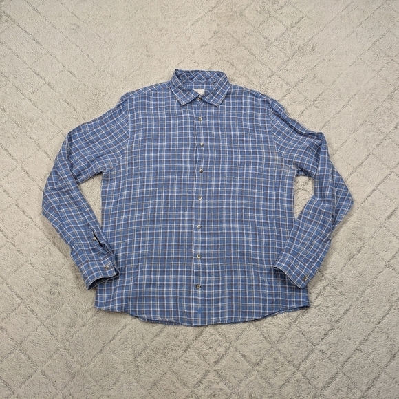 Johnnie-O Shirt Men's L Blue Check Linen Omar Button Up Long Sleeve Light Wake - Picture 1 of 8